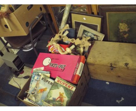 Sundries to Include Rupert Books, Board Game,s Pictures, Prints, Boxes, Photographic Enlarger, Invalid Commode Etc. 