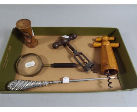 A Tray Containing Two Corkscrews, Magnifying Glass, Silver Handled Button Hook, Egg Timer. 