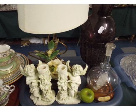 A Tray of Sundries to Include Pair of Cherub Candle Sticks, Glass Ship in A Bottle, Floral Table Lamp Etc. 