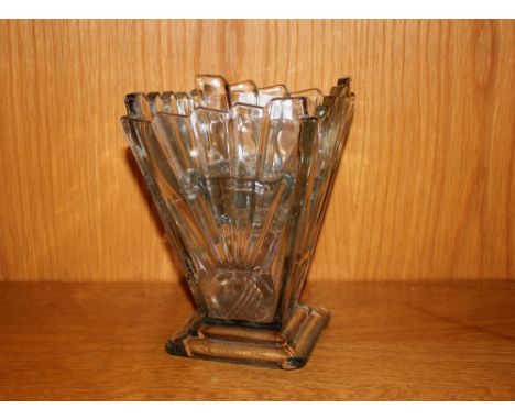 An Art Deco moulded glass vase, with flower holder, 19cm high 