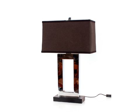 A modern chrome table lamp raised on black base with shade, 77cm high 