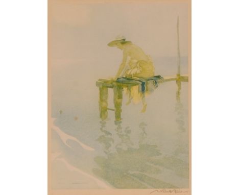 Sir William Russell Flint, "Clarissa Fishing", coloured artist proof, pencil signed with blind stamp to margin, 34cm x 25cm 