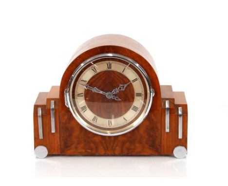 A Smiths Art Deco walnut and chrome mounted electric mantel clock, 29cm wide x 21cm high 