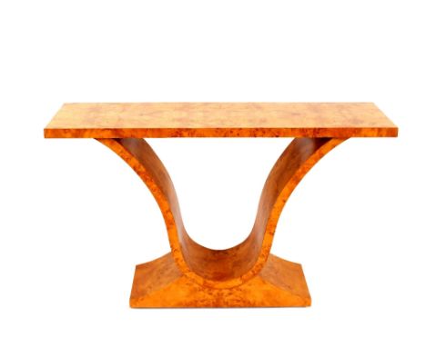 An Art Deco design faux burr walnut console table, raised on curved shaped support and oblong plinth, 140cm