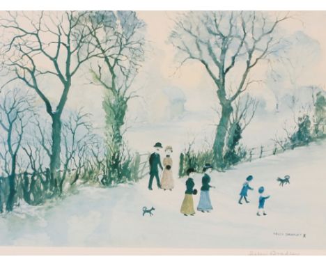 Helen Bradley, pencil signed coloured print, figures in a snowy parkland, blind stamp to margin, 30cm x 39cm 