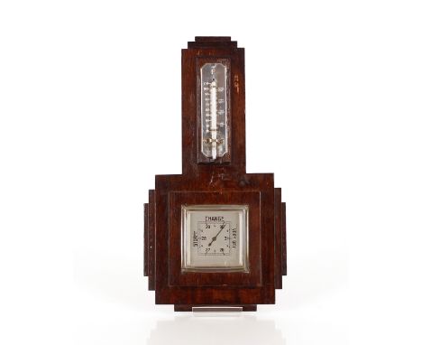 An Art Deco oak wall barometer / thermometer 