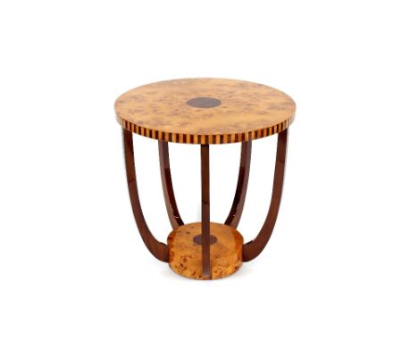A pair of Art Deco design circular faux walnut and inlaid occasional tables, raised on bowed supports and cylindrical block b