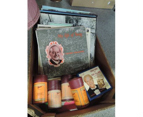 A box containing LP and 10' (mainly light operatic and classic) vinyl records and a selection of reproduction phonograph cyli