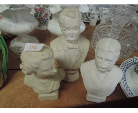 Three ceramic busts including Sir Arthur Sullivan, Schubert, and Queen Elizabeth