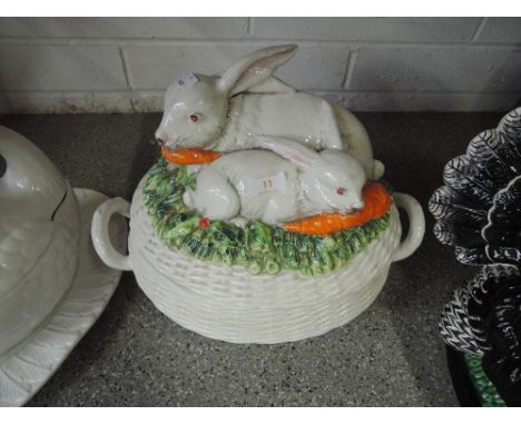 A ceramic turreen with rabbit decoration