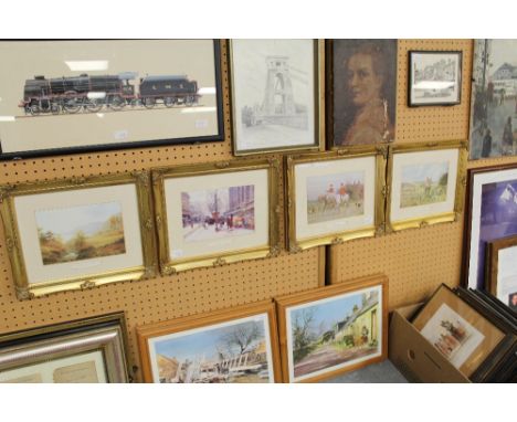 2 hunting prints & 2 local scene prints and winter flowers prints