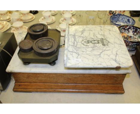 Victorian oak, marble & ceramic balance scales
