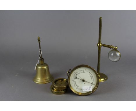 Brass desk magnifier, bell, weights & barometer