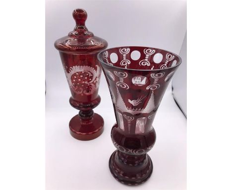 Two mid 19th Century ruby overlay glass vases