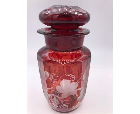 A mid 19th Century Bohemian ruby overlay glass pickle jar engraved with vine and grapes