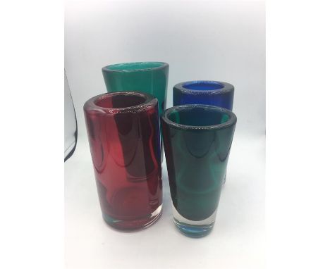 Whitefriars glass vases with horizontal optic cased Green,Royal Blue & Ruby (4)