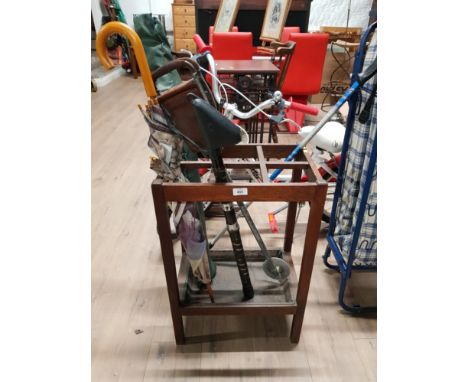 MAHOGANY STICK AND UMBRELLA STAND CONTAINING UMBRELLA ETC