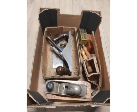 A BOX OF VINTAGE TOOLS INC RECORD PLANE ETC