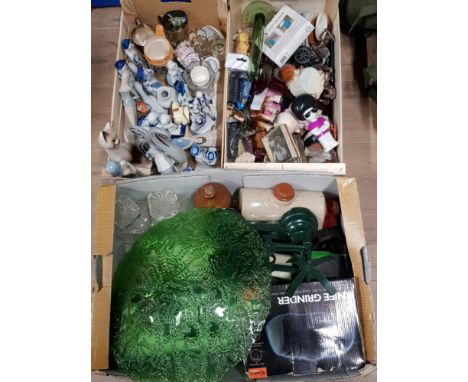 3 BOXES OF MISCELLANEOUS CHINA AND GLASS ALSO INCLUDES KITCHEN SCALES AND ELECTRIC KNIFE GRINDER