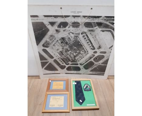 FRAMED TIE AND BADGE FROM LONDON HEATHROW AIRPORT 1959-62 LAPWING CLUB PLUS FRAMED MINISTRY OF AVIATION COMPLIMENTARY TICKET 