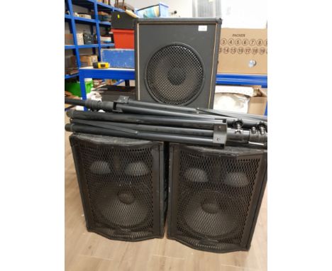 A PAIR OF CARLSBRO INDUSTRIAL SPEAKERS TOGETHER WITH STANDS AND ONE OTHER SPEAKER