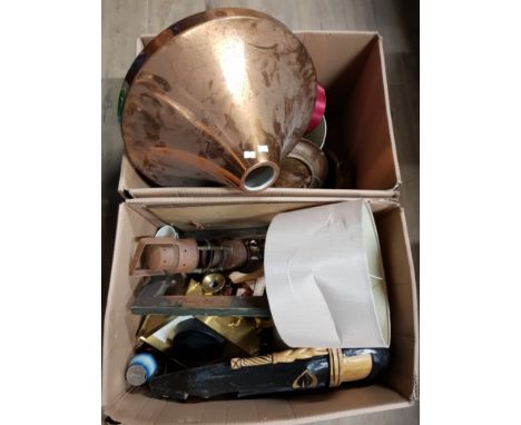 2 BOXES OF MISCELLANEOUS INC COPPER LIGHT SHADE CLOCKS ETC