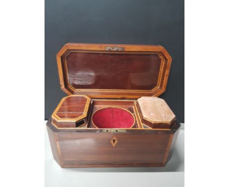 ANTIQUE INLAID MAHOGANY TEA CADDY MISSING CENTRE BOWL