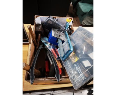 BOX OF TOOLS INCLUDING TILE CUTTER FIXINGS WOODEN MALLETS ETC