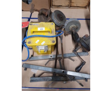 2 WAY TRANSFORMER TOGETHER WITH SHARPENING STONE AND VAN LADDER TIGHTENERS ETC