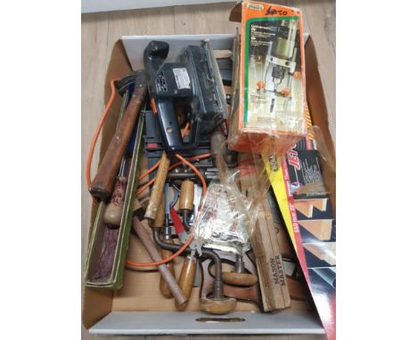 A BOX OF ASSORTED TOOLS INC BLACK AND DECKER SANDER ETC