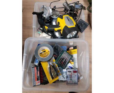 2 BOXES OF MISC TOOLS INCLUDES DRILL BIT PLUS SCREWDRIVER AND FILES SETS