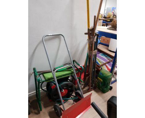 ASSORTMENT OF TOOLS INC SNOW SHOVELS HOSE ON REEL ETC