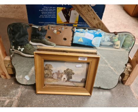 A bevelled edge mirror and a water colour signed 'JW Walker'. 