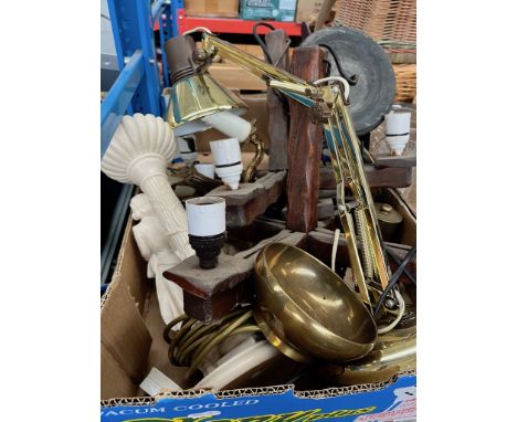 Pair of rustic style wooden light fittings, a brass anglepoise lamp, a figural composite lamp, a brass bowl, brass needle hol