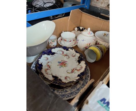 A box of mixed china to include Coalport, Wedgwood, Royal Crown Derby and Royal Worcester etc. 