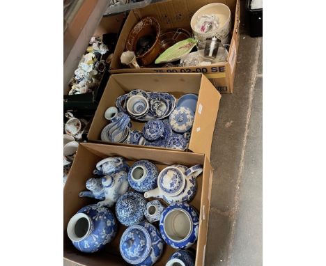 Three boxes of assorted ceramics including two Royal Doulton figures 9one as found), Copeland Spode Italian, Chinese blue and