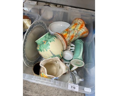 A box of ceramics including Burleigh ware, Falcon ware Grecian, Radford Butterfly ware jug etc 