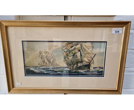 Keith Alastair Griffin (b1927), watercolour, ships in rough seas, 34.5cm x 15cm, signed 'K A GRIFFIN' to lower right, framed 