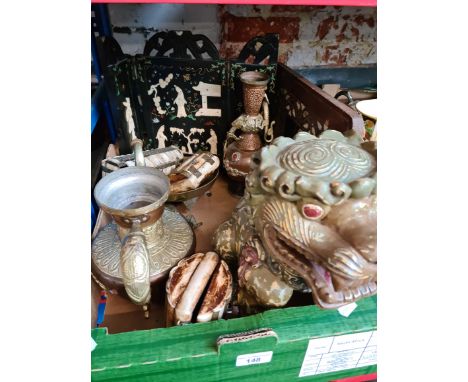 A box of Oriental ware including dog of fo, various bone and metal trinket boxes, copper and brass jugs, wooden mirror with M