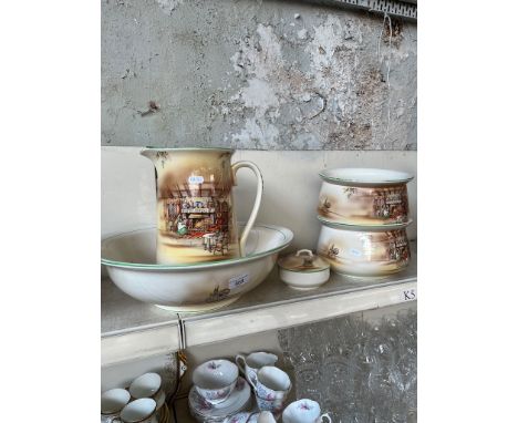 A 1920's jug & bowl set, soap dish and 2 pottiesCrazing throughout, one of the potties has a hairline from top to bottom, no 
