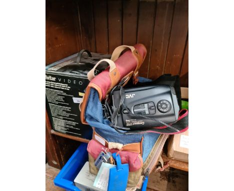 A JVC compact VHS camera, GR-AX200 in carry case, with accessories and a boxed Vivitar video converter. 
