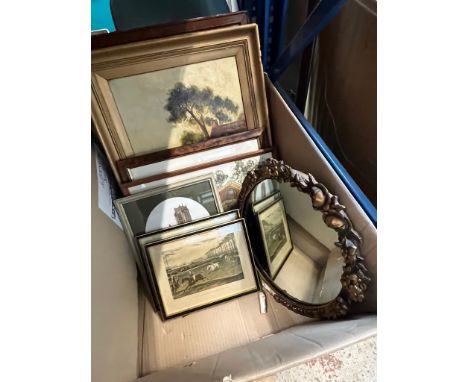 A selection of prints, an oil on canvas and a decorated mirror. 