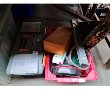 A toolbox with tools and a box of tools to include boxed Stanley plane, spirit levels, jigsaw, etc. 