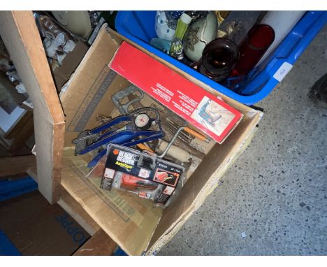 A box of tools to include a Black and Decker auto tape and a Tronic drill in box etc. 