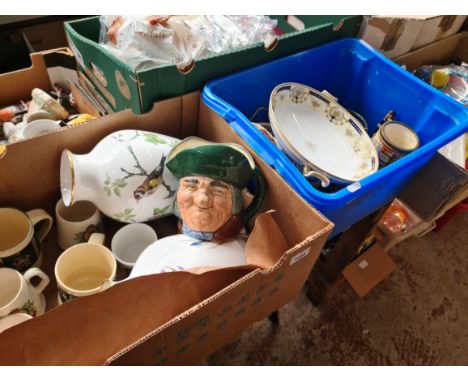 Two boxes of mixed ceramics including 2 limited edition Franklin pottery vases (one as found), Royal Doulton large character 