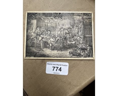 After David Wilkie, interior, engraved ivory panel, 12cm X 8.5cm, bearing signature and label verso. 