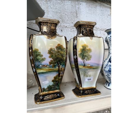 Pair of Noritake vases painted with landscapes. Ht. 35cmCondition:- Good, no sign of any damage or repair.