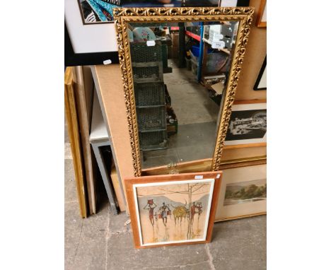Elongated gilt framed mirror and a picture. 