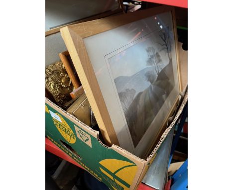 Collection of prints, pictures, watercolours to include Oriental, a brass bound mirror, gilt framed plaque depicting cherubs,