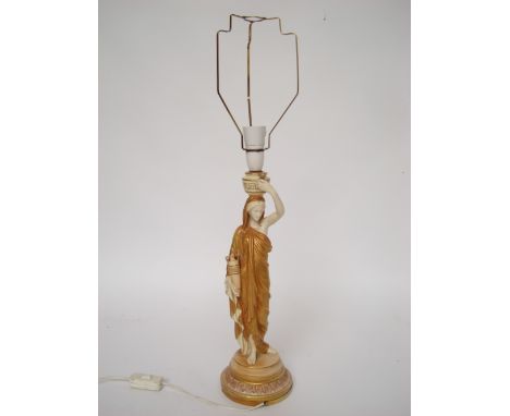 A Royal Worcester blush ivory figural table lamp C. 1900, modelled as a Grecian female water carrier in classical dress carry